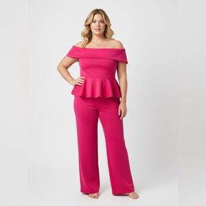 Fashion Nova Off-Shoulder Peplum Jumpsuit in Fuchsia